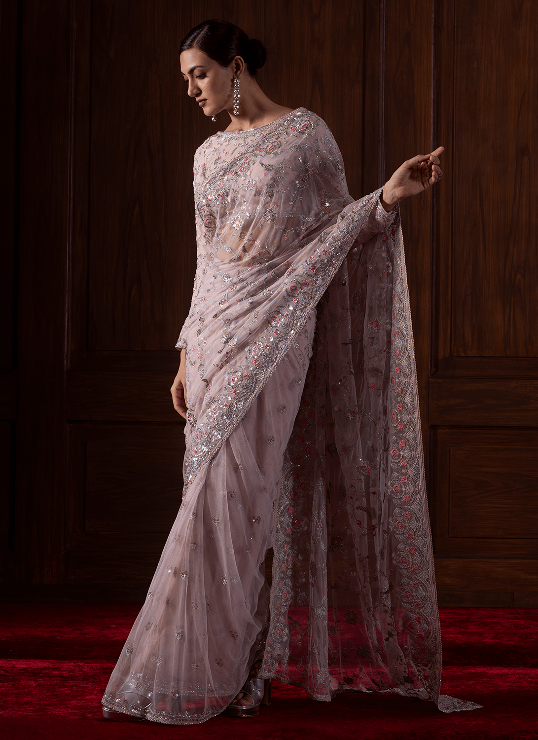 Soft Pink Embroidered Net Saree - Lashkaraa