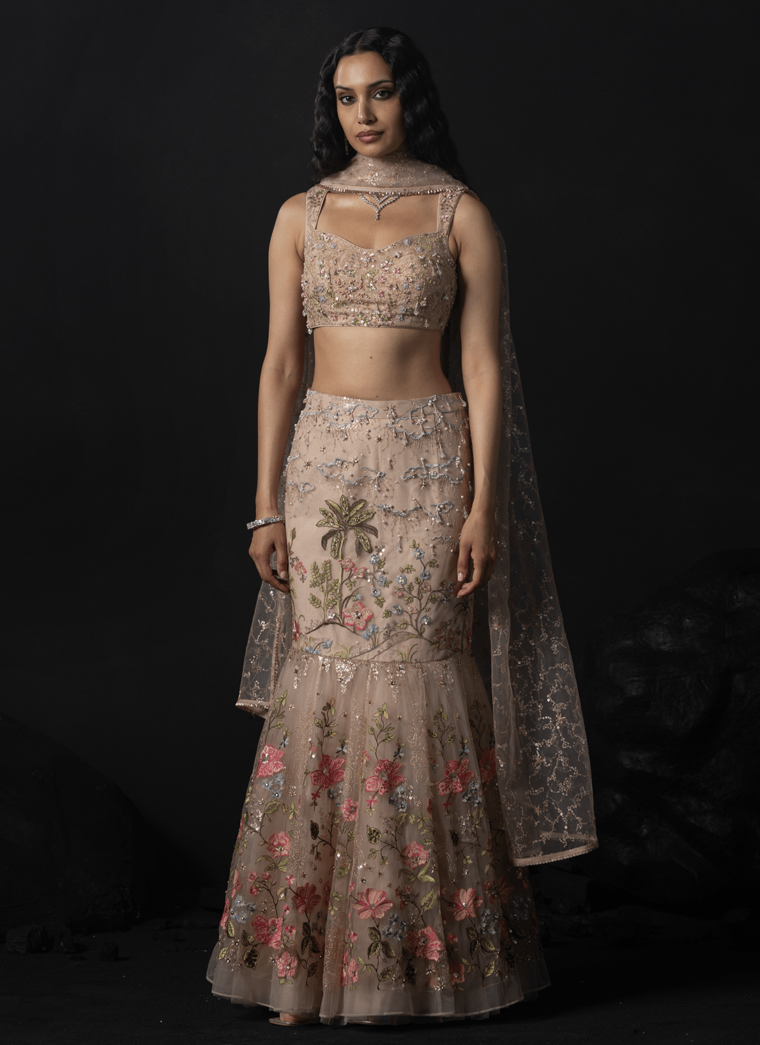 Soft Taupe Embroidered Net Mermaid Lehenga - Lashkaraa