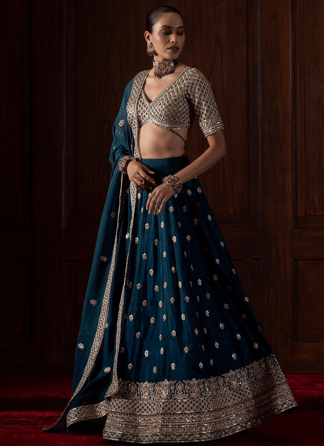 Teal Embroidered Silk Lehenga - Lashkaraa