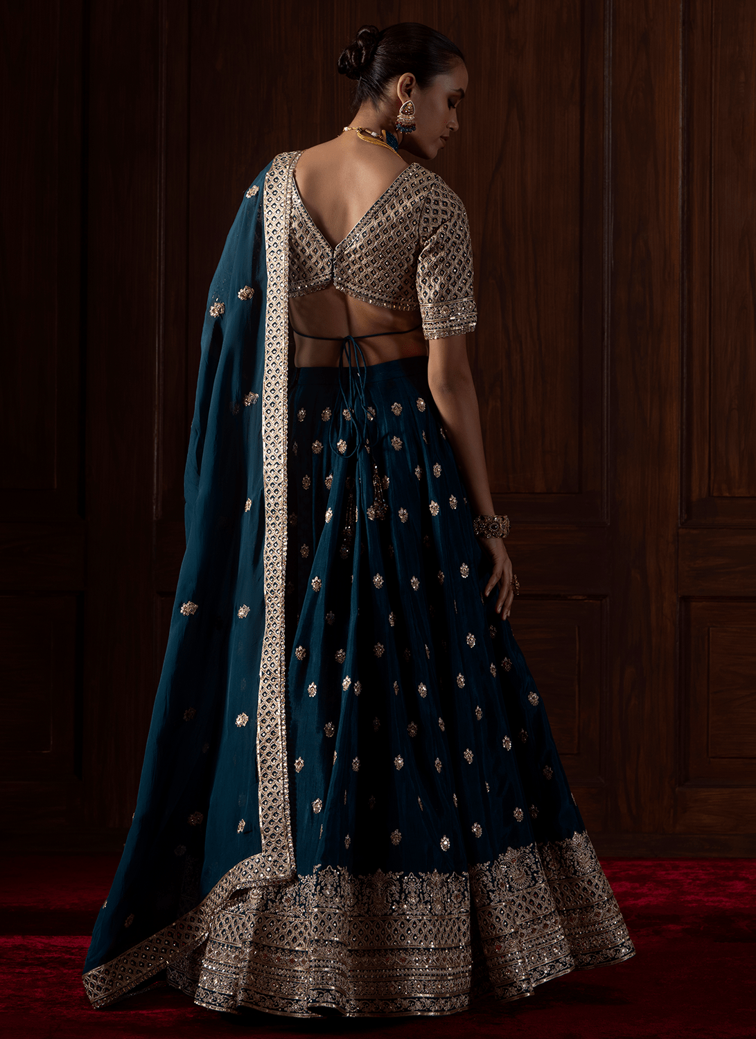 Teal Embroidered Silk Lehenga - Lashkaraa