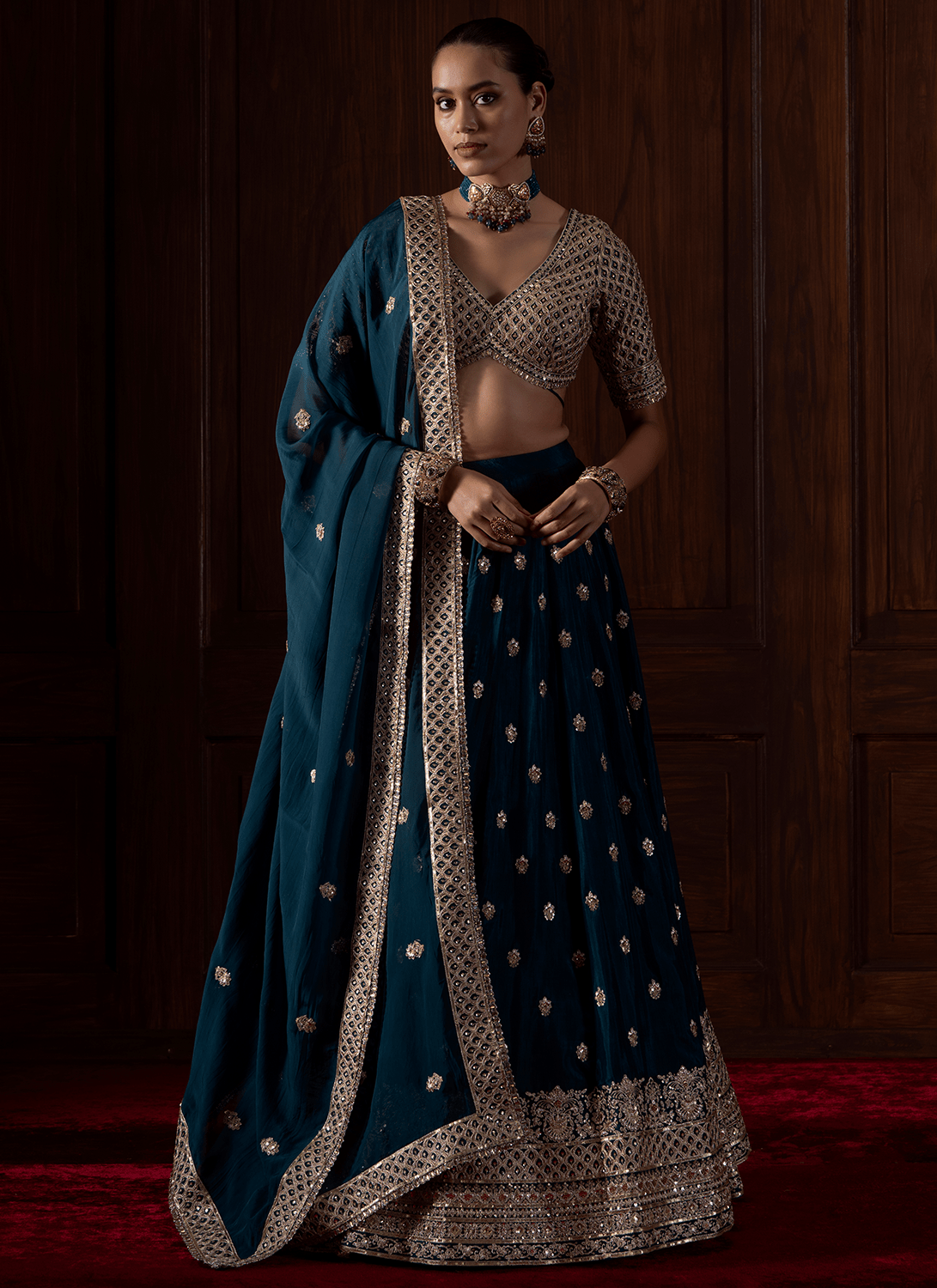 Teal Embroidered Silk Lehenga - Lashkaraa