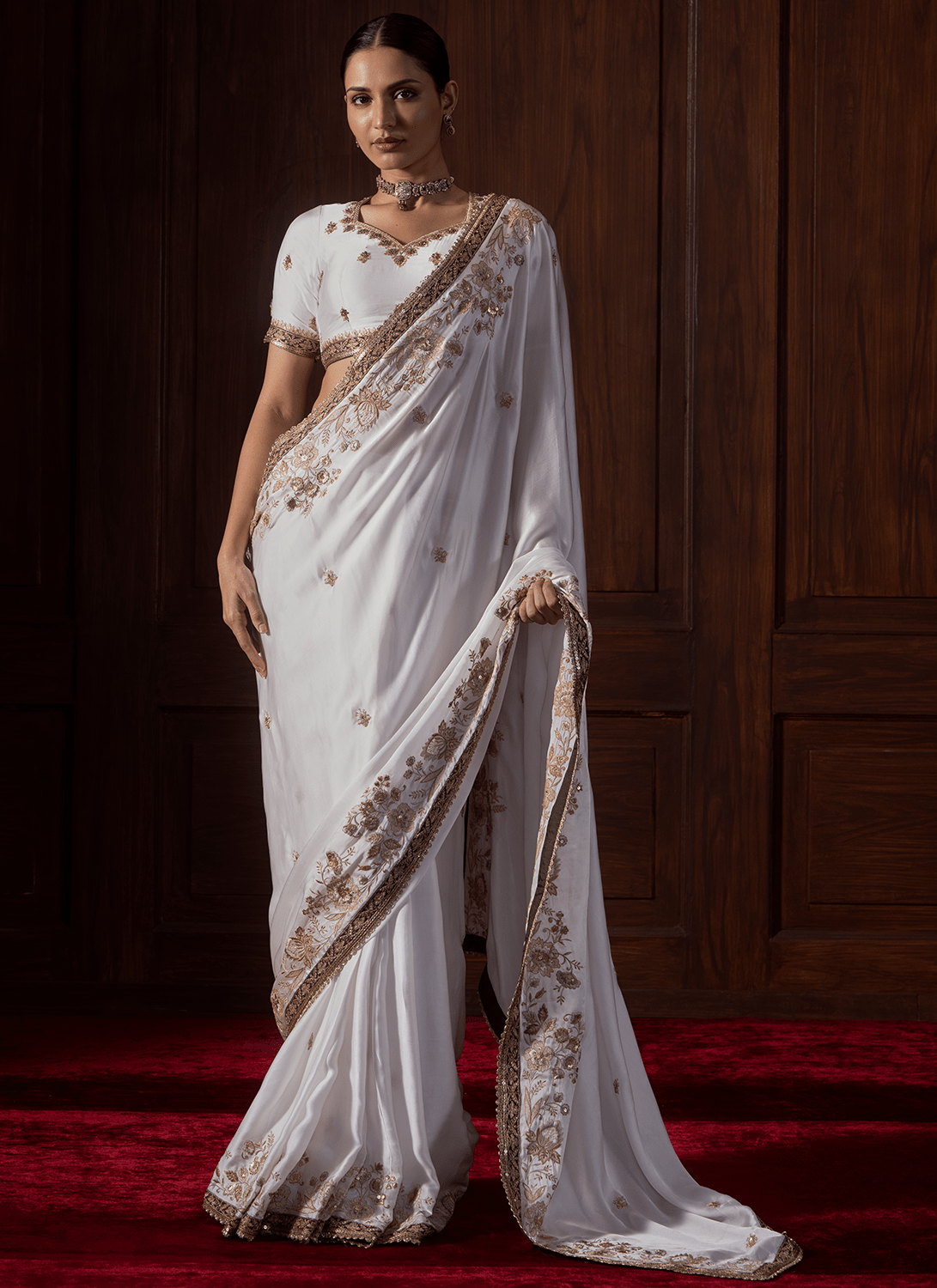 White Embroidered Satin Organza Saree - Lashkaraa