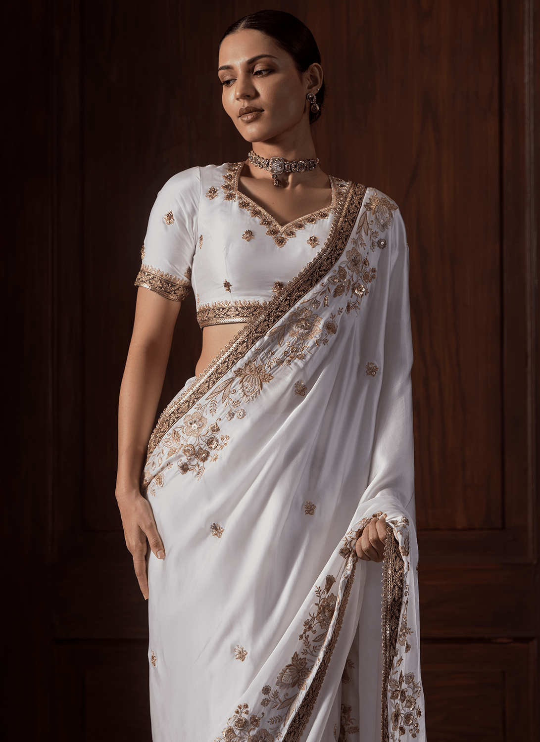 White Embroidered Satin Organza Saree - Lashkaraa