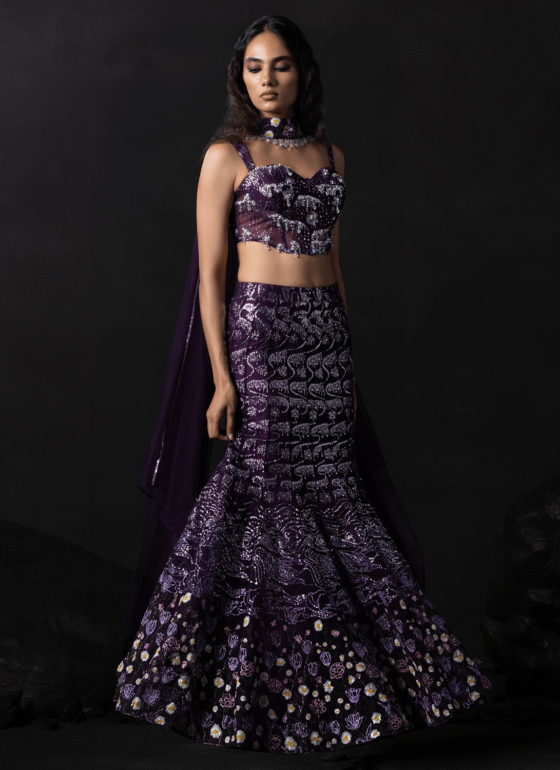 Wine Embroidered Net Lehenga - Lashkaraa