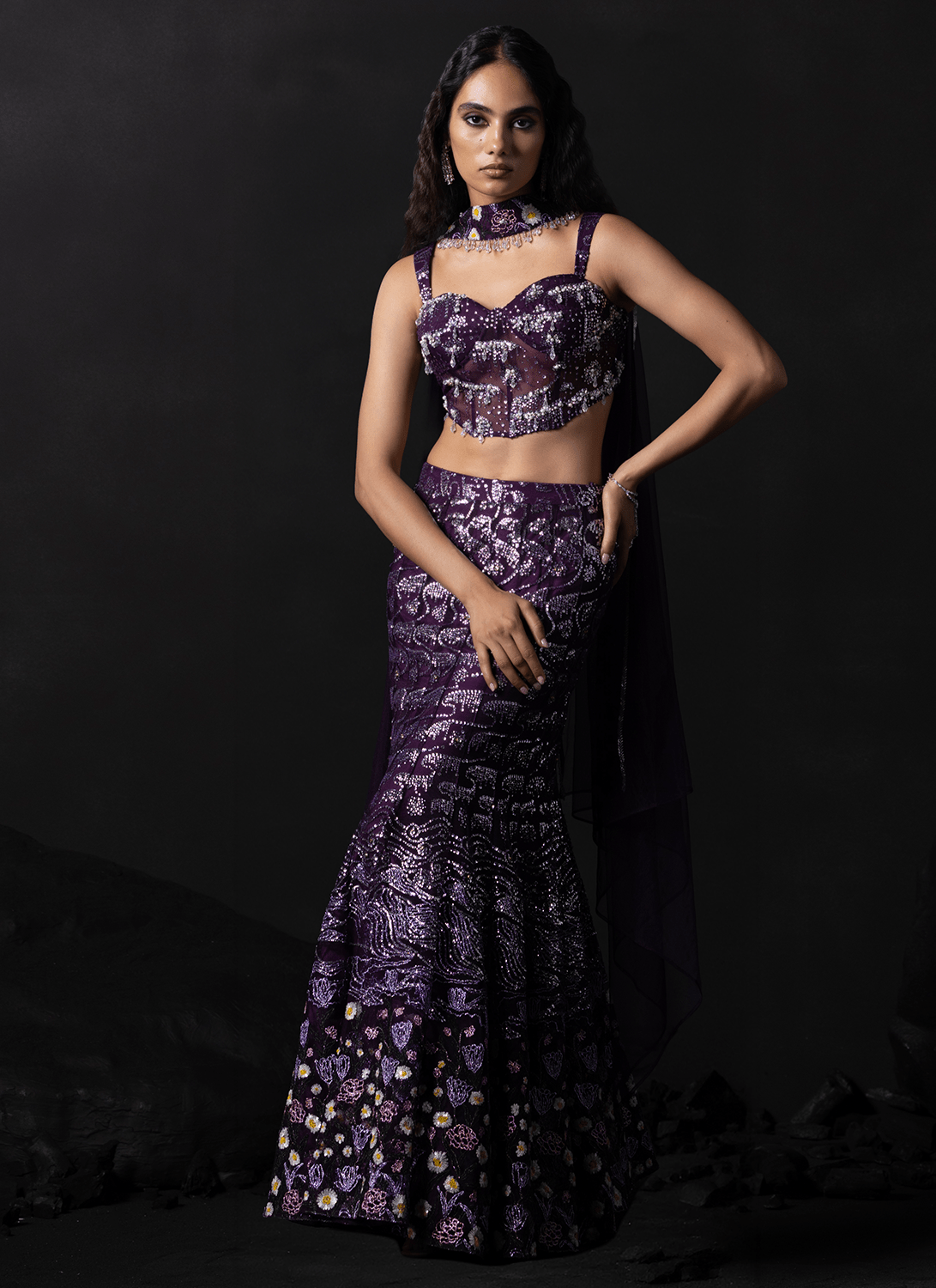 Wine Embroidered Net Lehenga - Lashkaraa