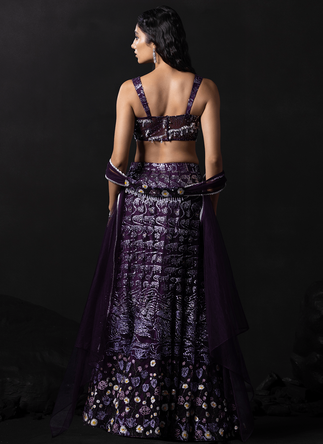 Wine Embroidered Net Lehenga - Lashkaraa