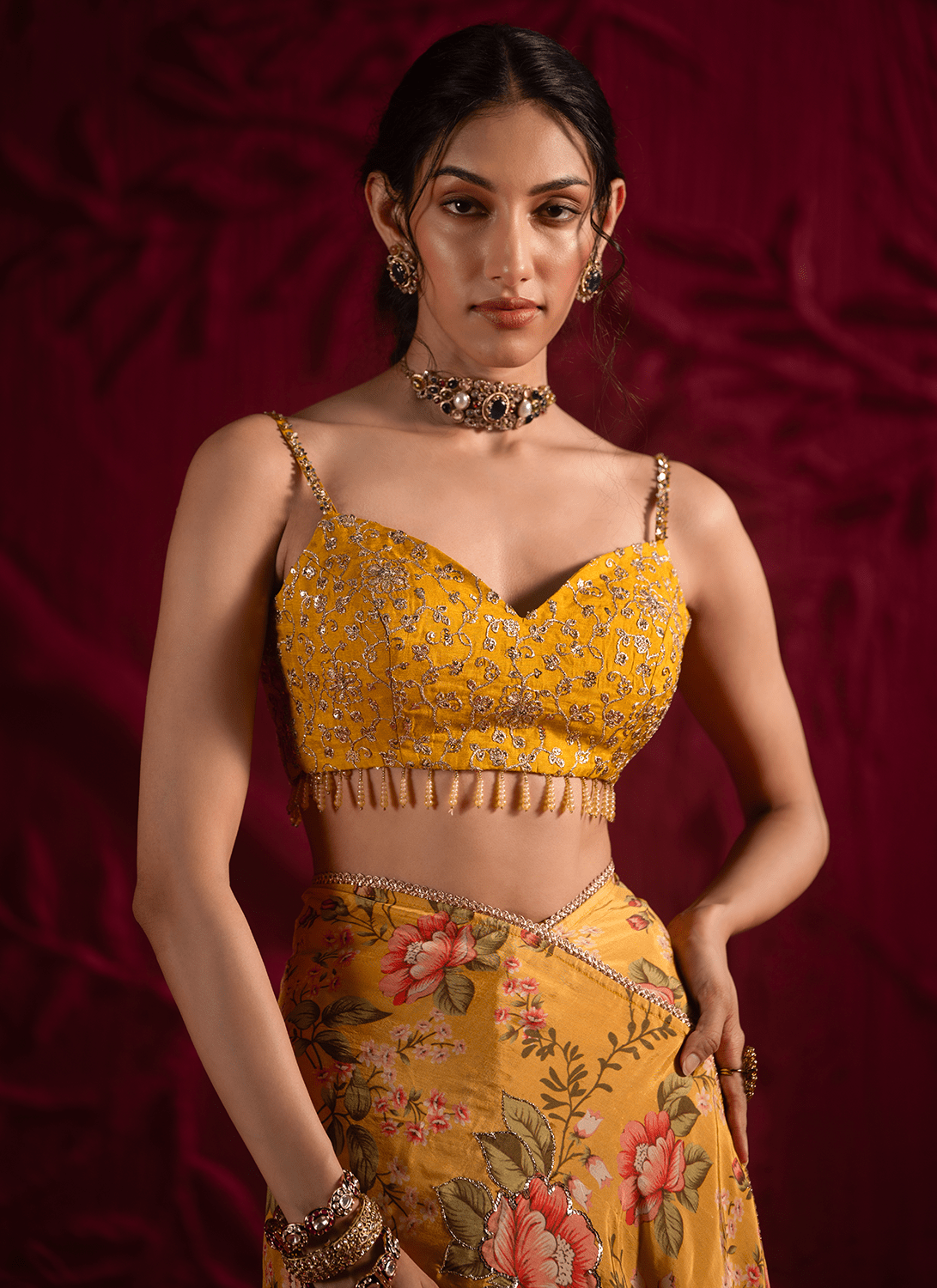 Yellow Floral Embroidered Crepe Silk Saree - Lashkaraa