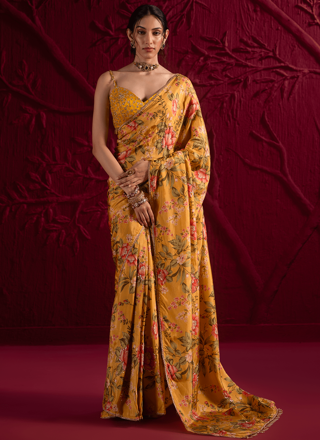 Yellow Floral Embroidered Crepe Silk Saree - Lashkaraa