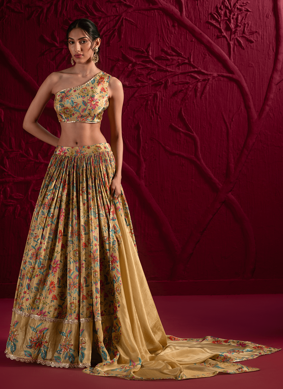 Yellow Floral Embroidered Georgette Lehenga - Lashkaraa