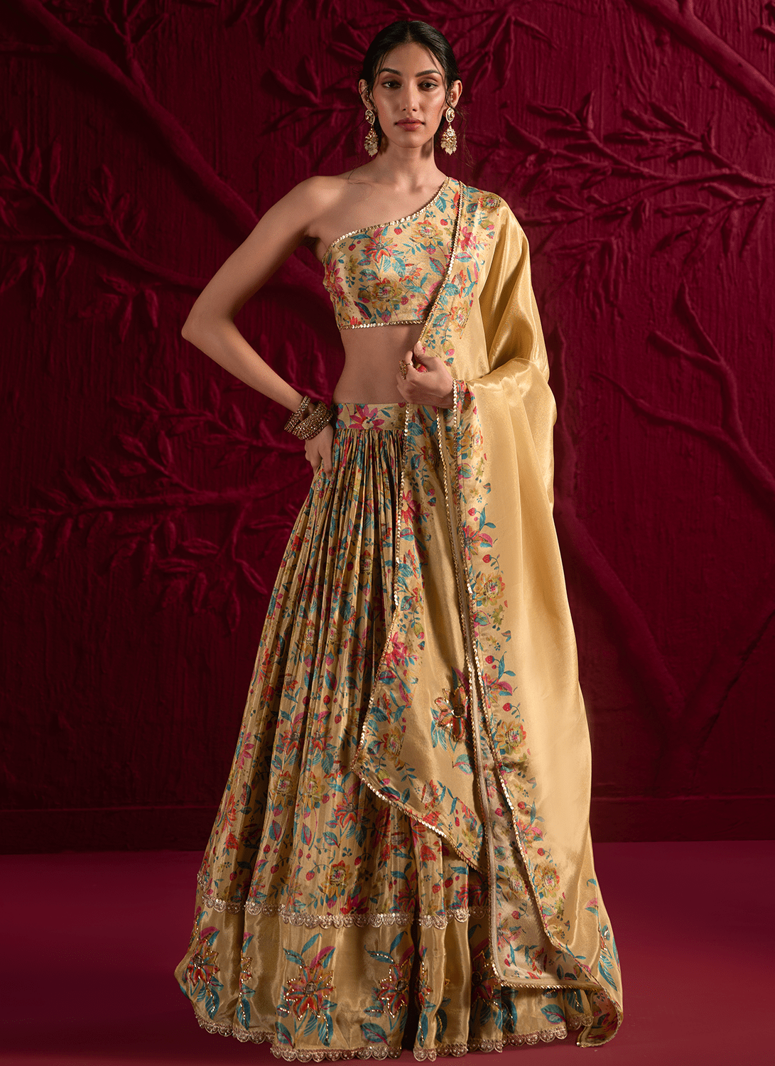 Yellow Floral Embroidered Georgette Lehenga - Lashkaraa