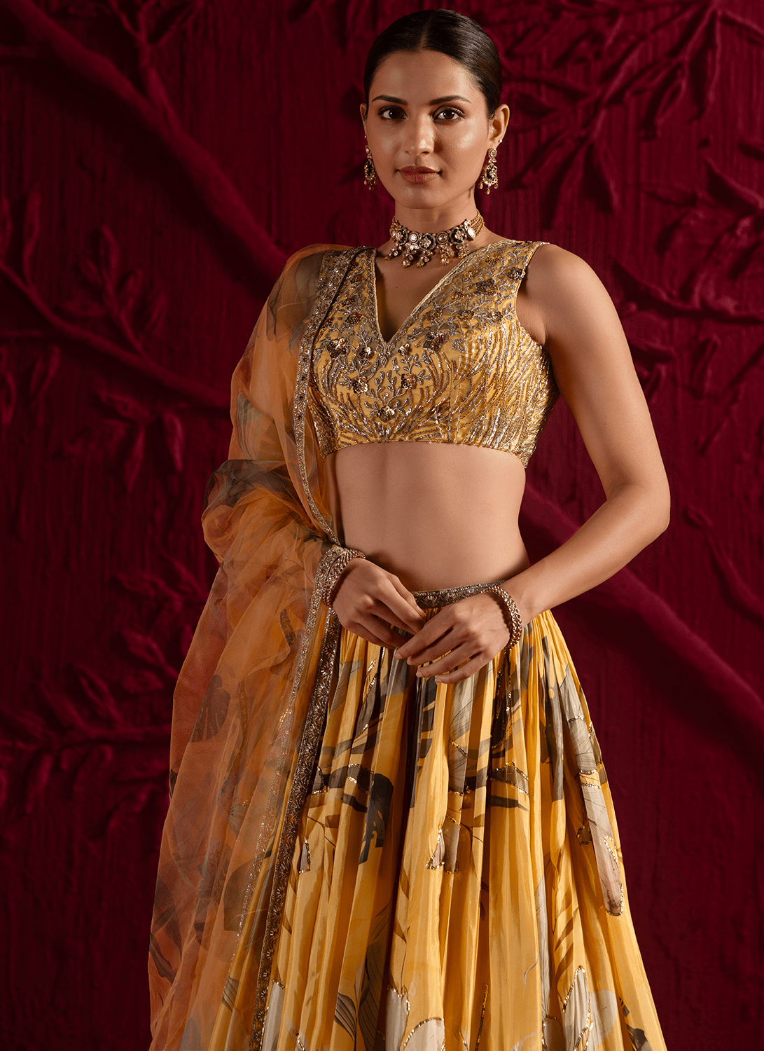 Yellow Floral Embroidered Viscose Satin Georgette Lehenga - Lashkaraa