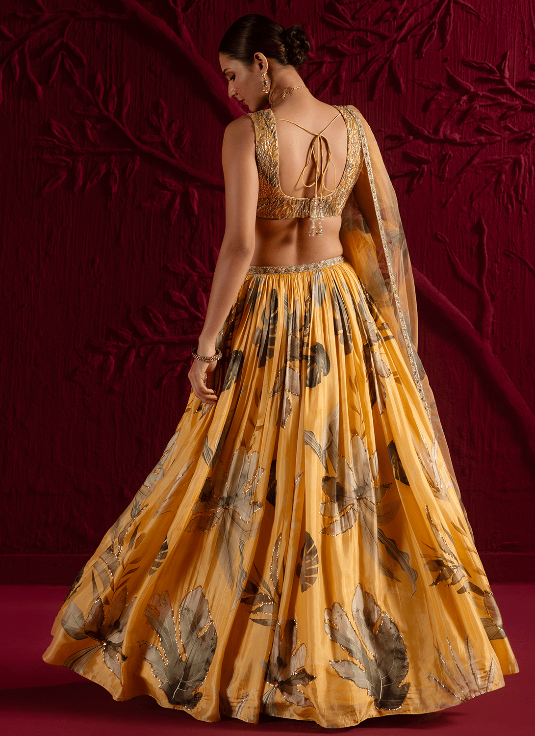 Yellow Floral Embroidered Viscose Satin Georgette Lehenga - Lashkaraa