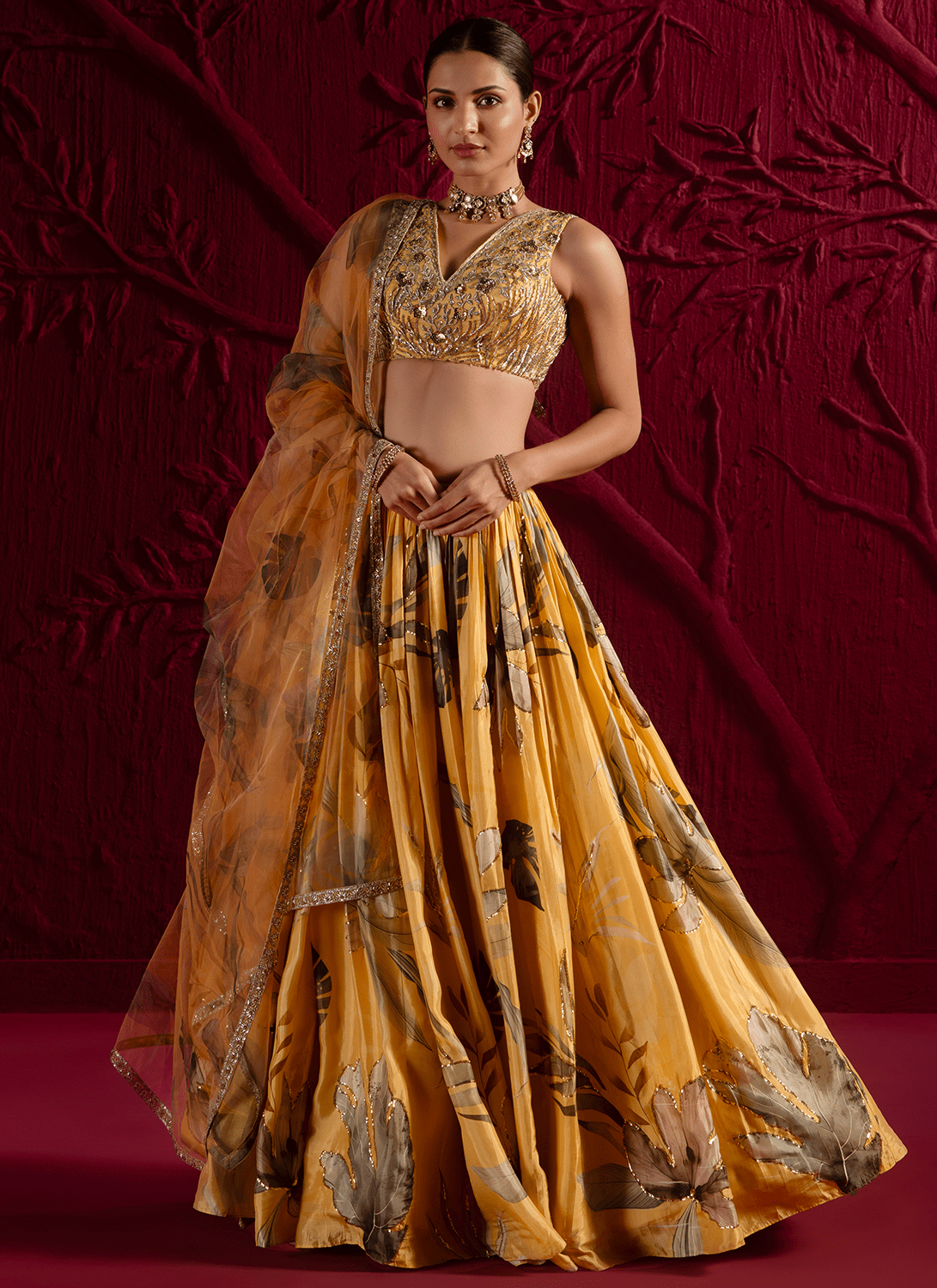 Yellow Floral Embroidered Viscose Satin Georgette Lehenga - Lashkaraa