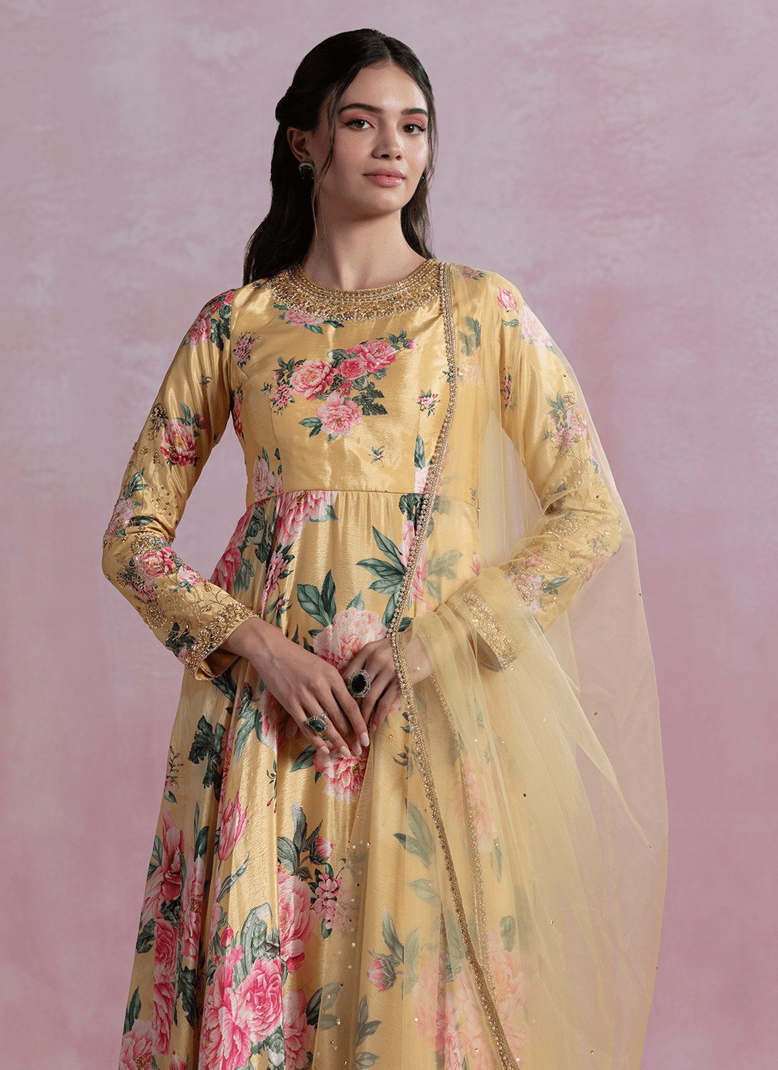 Yellow Floral Printed Chinon Anarkali - Lashkaraa