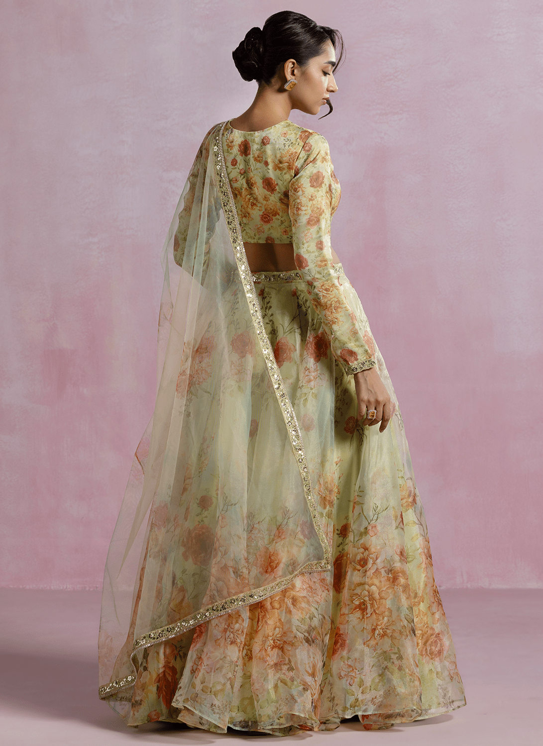 Yellow Floral Printed Organza Lehenga - Lashkaraa