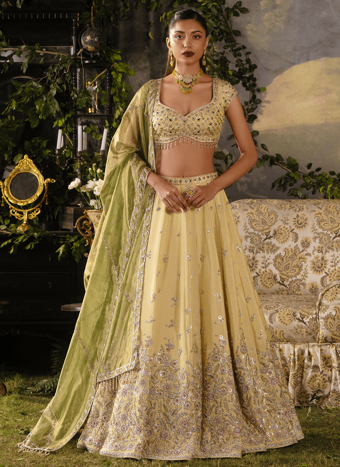 Yellow Gold Embroidered Tissue Lehenga - Lashkaraa