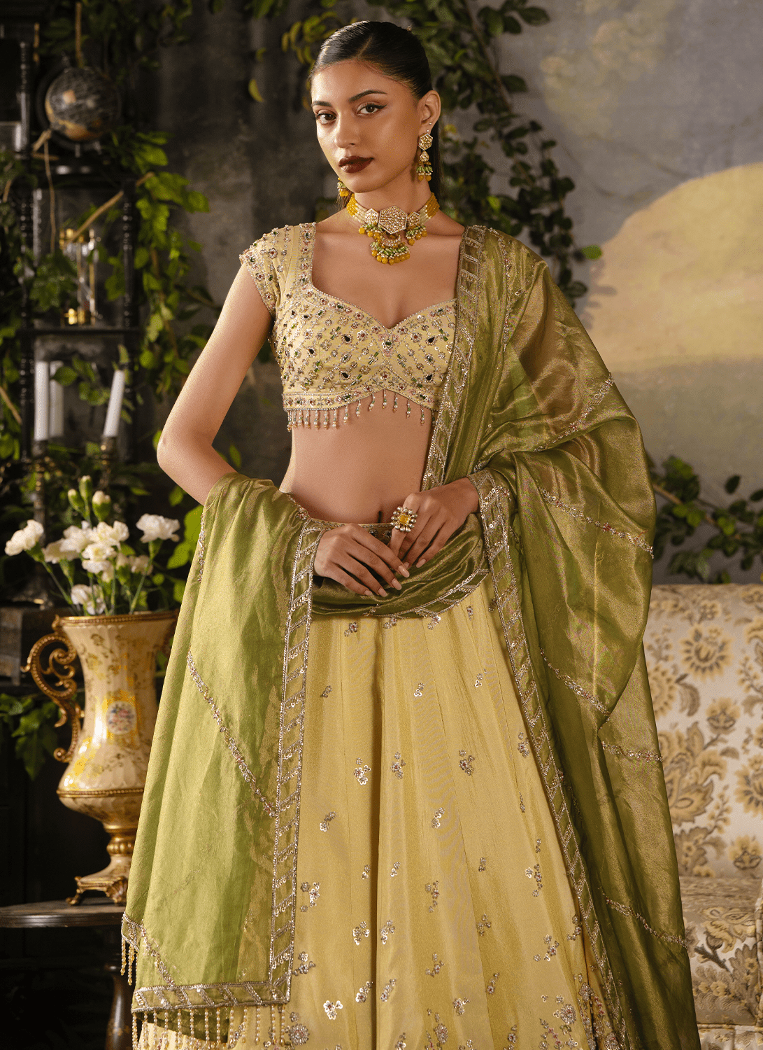 Yellow Gold Embroidered Tissue Lehenga - Lashkaraa