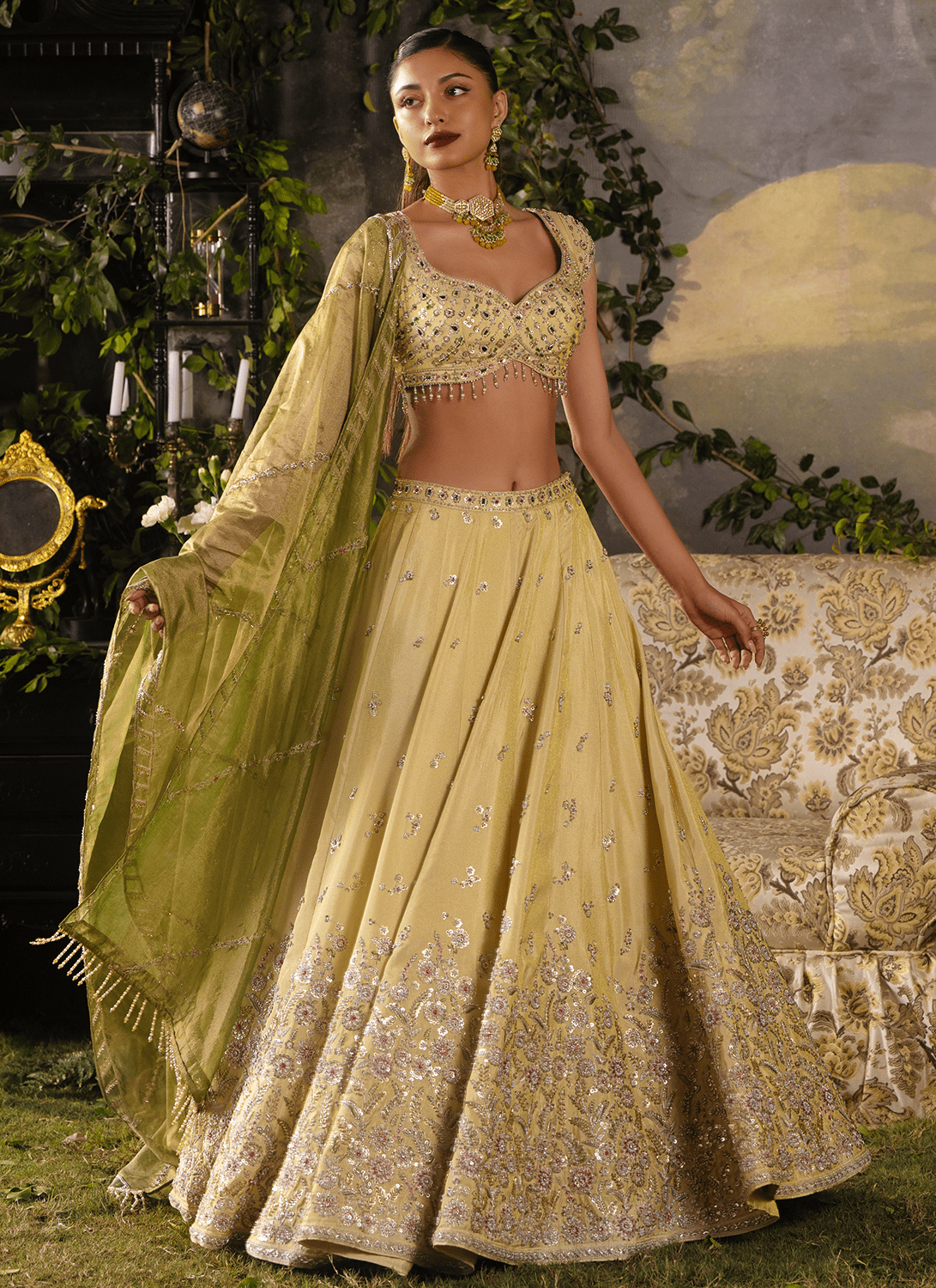 Yellow Gold Embroidered Tissue Lehenga - Lashkaraa
