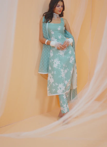 Dusty Green White Floral Printed Straight Suit