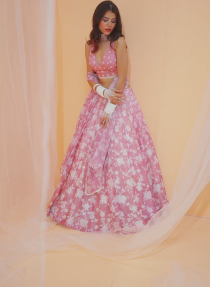 Dusty Pink White Floral Printed Lehenga