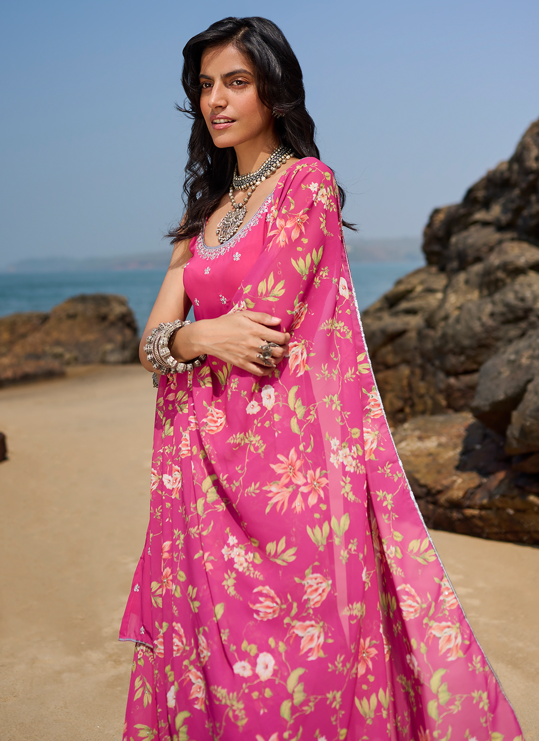 Pink Floral Printed Sharara Suit