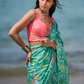 Sea Green and Pink Floral Printed Saree