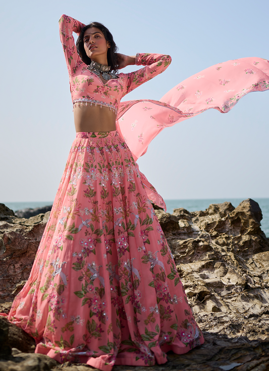 Peach Floral Printed Lehenga