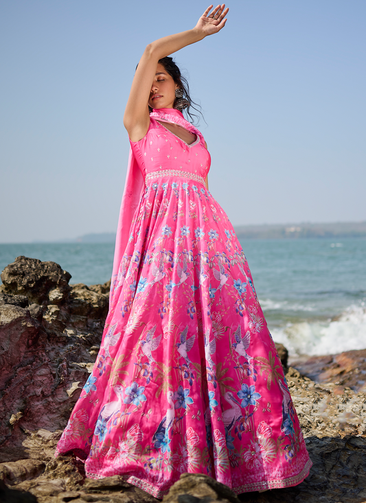 Pink Floral Printed Anarkali