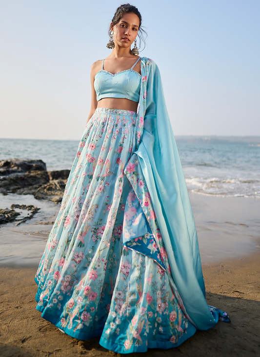 Light Blue Floral Printed Lehenga