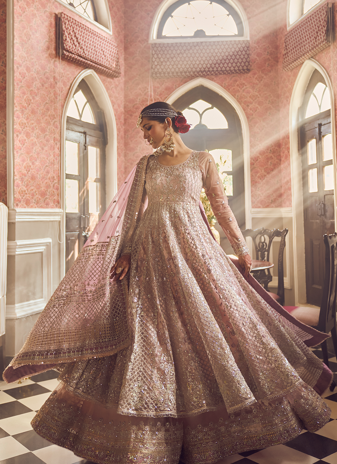 Light Pink Embroidered Anarkali Style Lehenga
