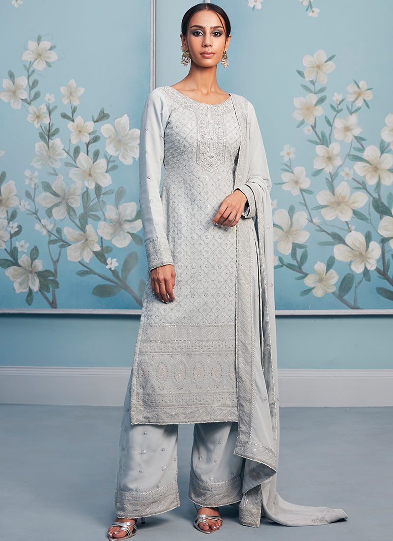 Light Grey Thread Embroidered Palazzo Suit
