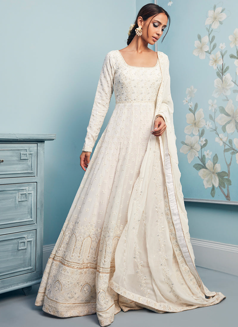 Off White and Gold Thread Embroidered Anarkali