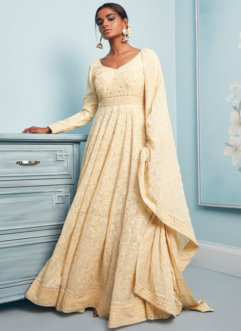 Soft Yellow Thread Embroidered Anarkali
