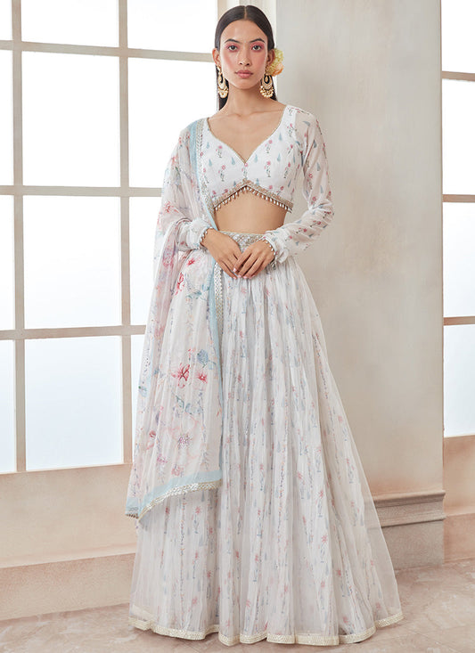 White and Blue Floral Printed Lehenga