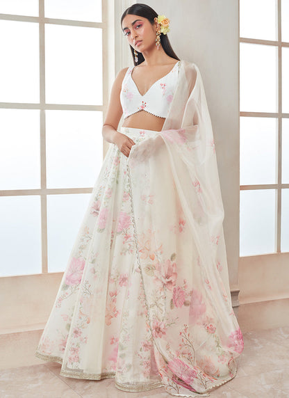 Off White and Pink Floral Printed Lehenga