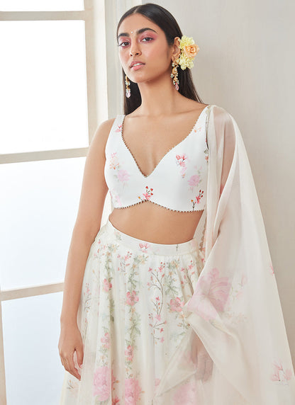 Off White and Pink Floral Printed Lehenga