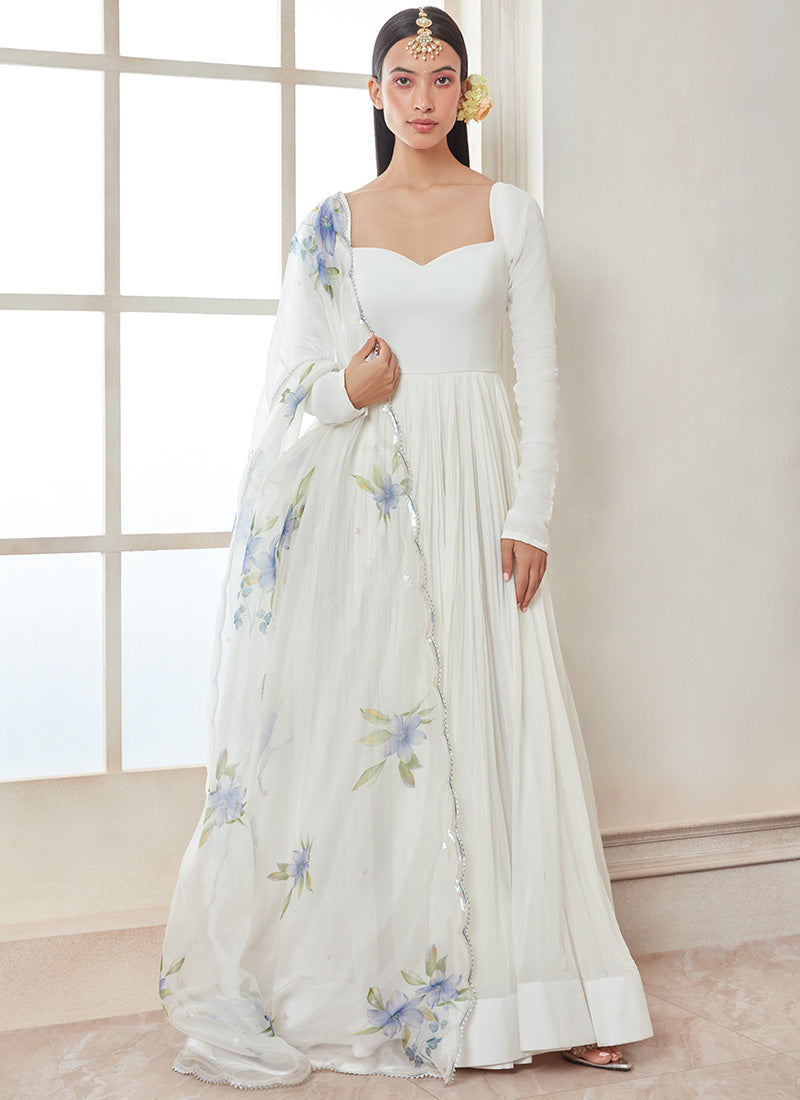 White Georgette Anarkali With Floral Printed Dupatta