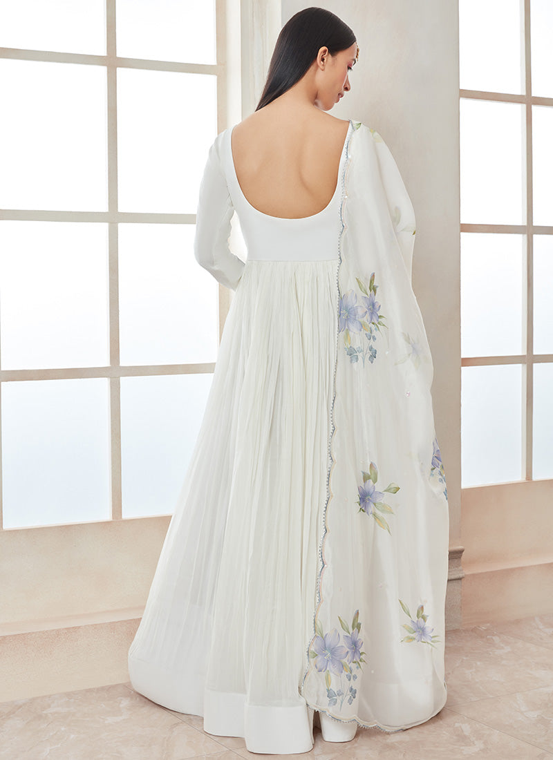 White Georgette Anarkali With Floral Printed Dupatta