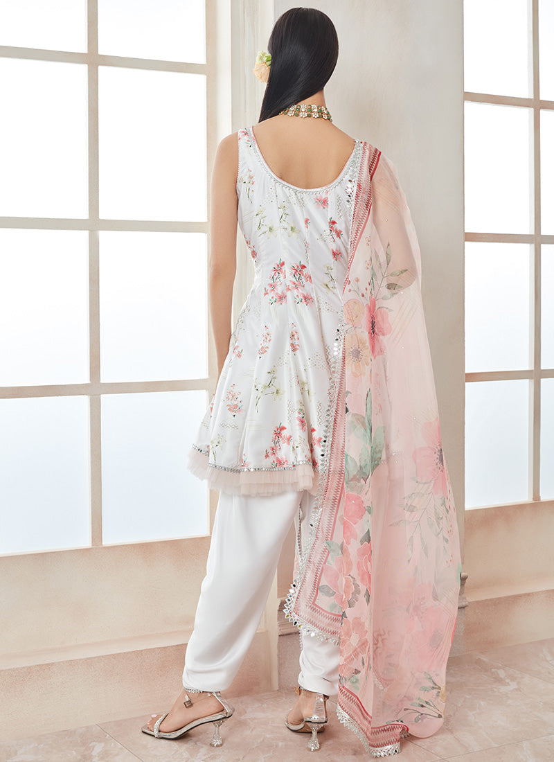 White Floral Printed Peplum Punjabi Suit