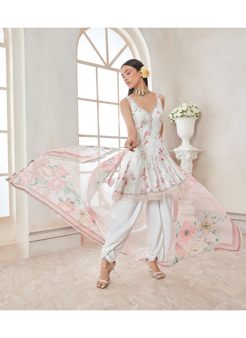 White Floral Printed Peplum Punjabi Suit