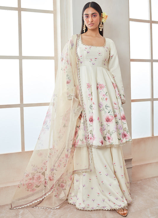 Off White Satin Floral Sharara Suit