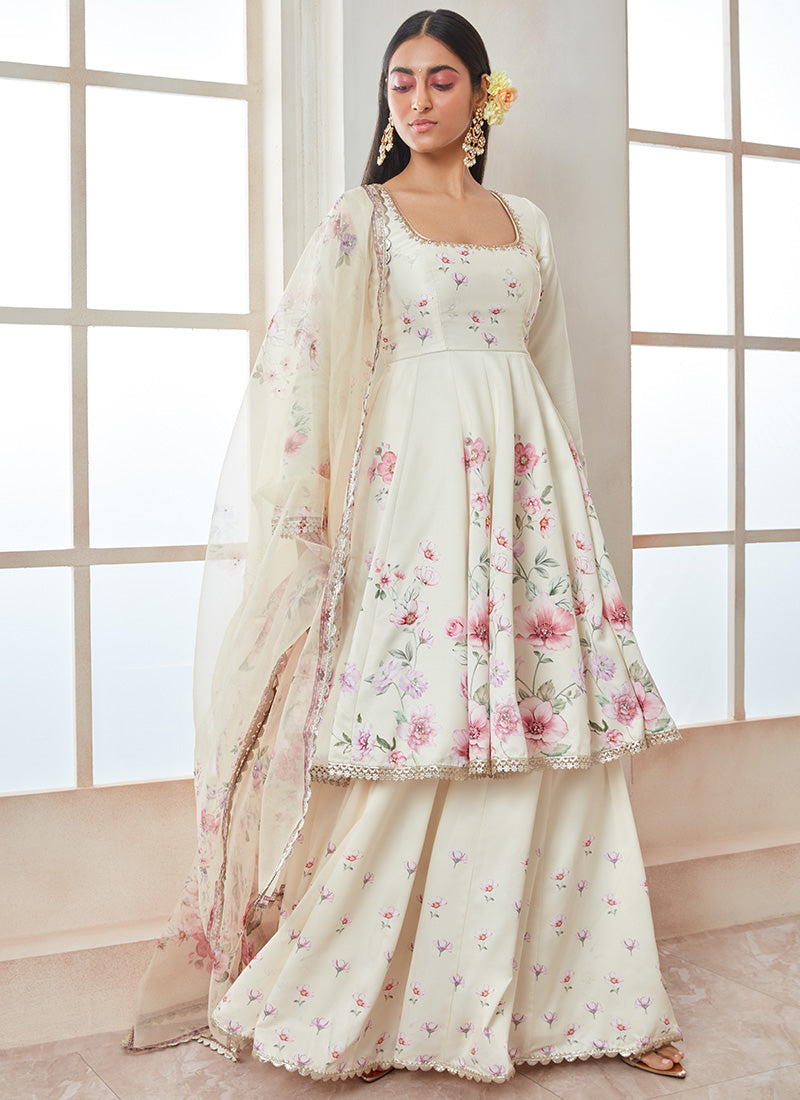 Off White Satin Floral Sharara Suit