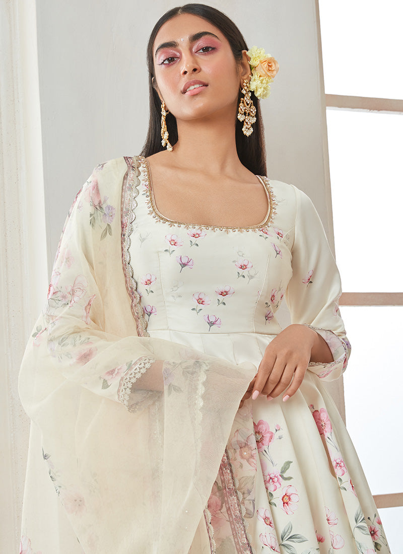 Off White Satin Floral Sharara Suit