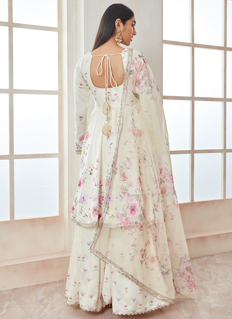 Off White Satin Floral Sharara Suit