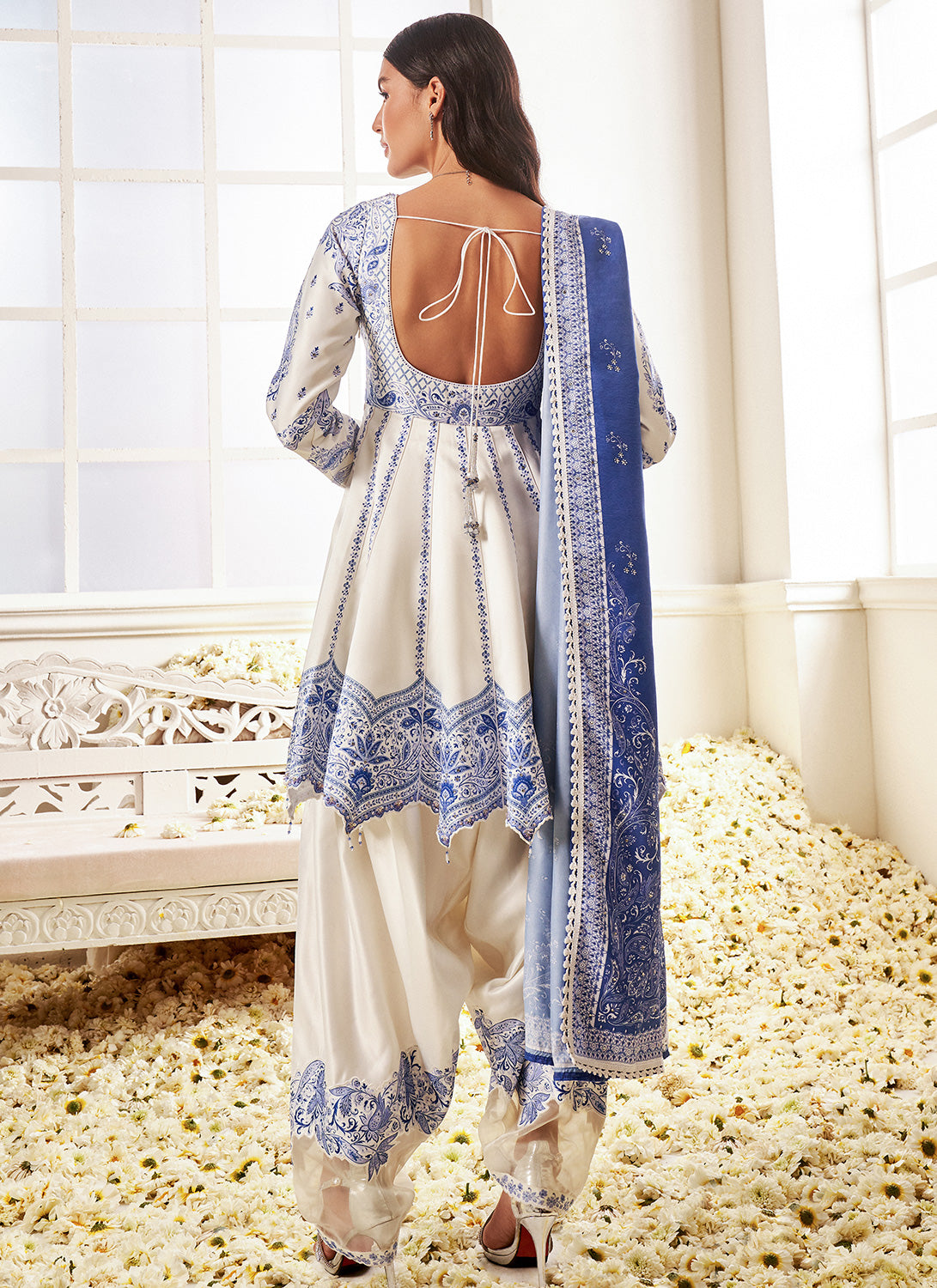 White and Blue Floral Printed Peplum Style Patiala Suit