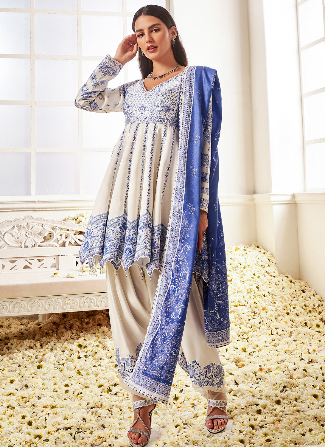 White and Blue Floral Printed Peplum Style Patiala Suit