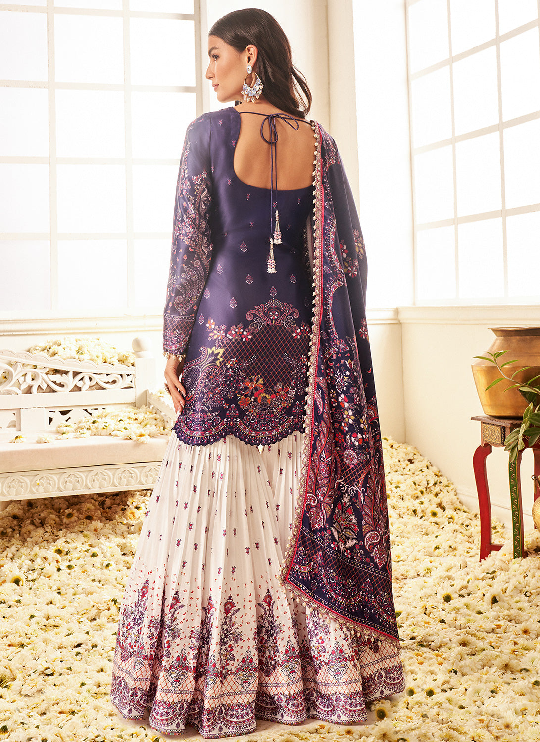 Blue and White Floral Printed Gharara Suit