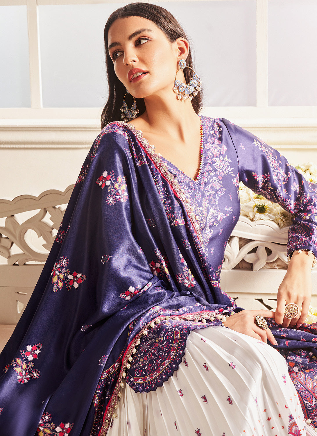 Blue and White Floral Printed Gharara Suit