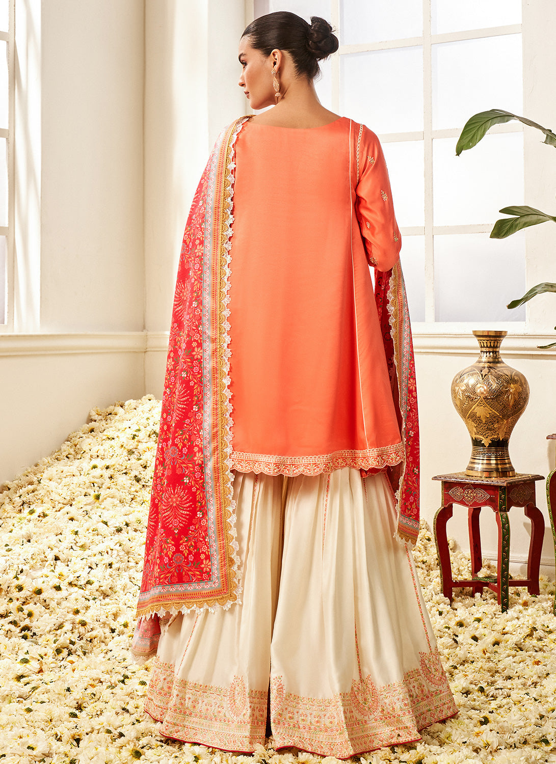 Coral and White Floral Printed Gharara Suit
