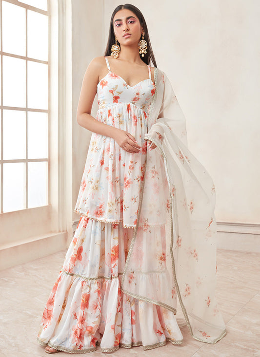 White Satin Georgette Floral Gharara Suit